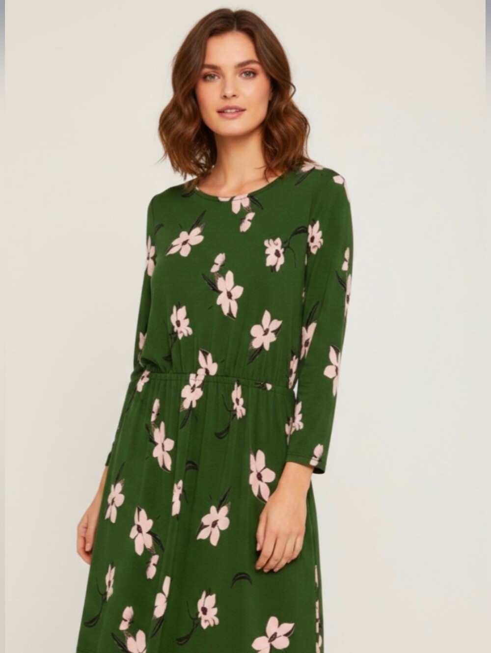 Womens' Green Floral Long-Sleeve Tunic with Pink Flowers And Pockets!!